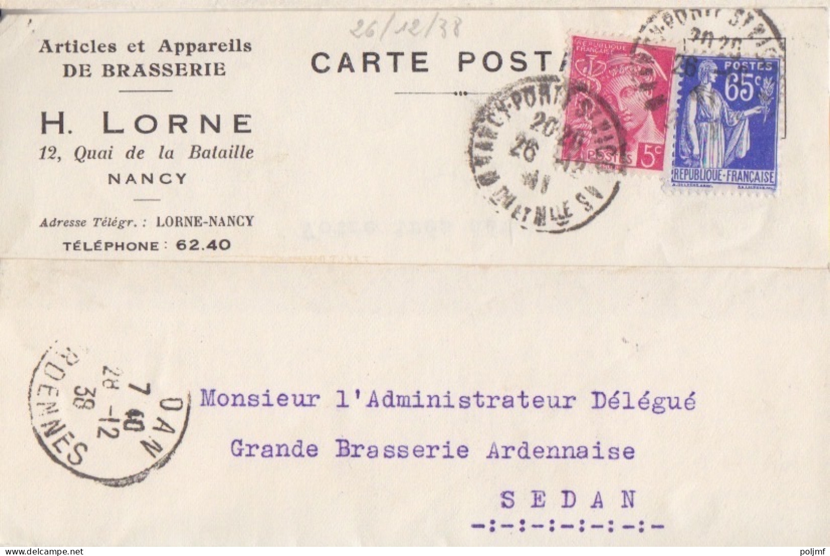 Carte-Lettre "Articles De Brasserie" Obl. Nancy Porte St Nicolas Le 26/12/38 Sur N° 365 65c Paix + 5c Mercure - 1932-39 Paix