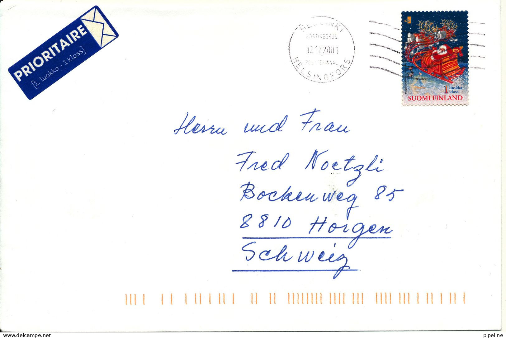 Finland Cover Sent To Switzerland 12-12-2001 Single Franked Christmas Stamp - Storia Postale