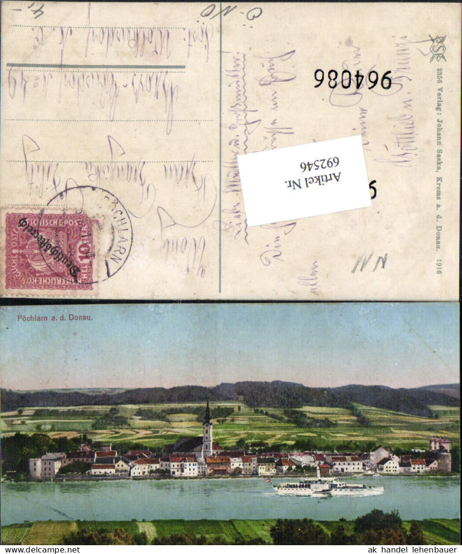 692546 Gross Pöchlarn An Der Donau Dampfer 1916 Pub Johann Saska 2356 - Pöchlarn