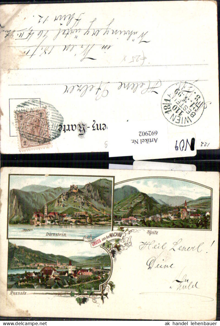 692902 Tolle Lithographie Gruss Aus Der Wachau Rossatz Dürnstein Spitz 1899 - Wachau