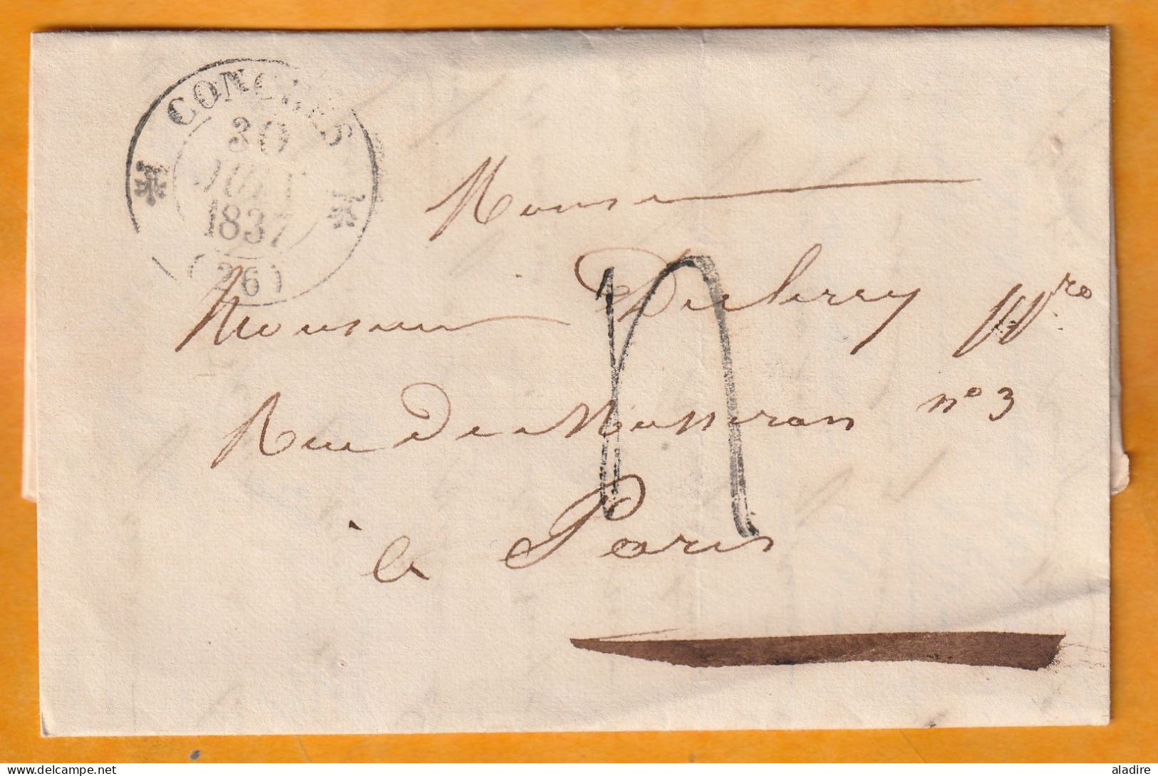 1837  - Lettre Pliée Avec Correspondance De Conches, Eure,  Grand Cachet Fleurons Simples Vers Paris, Dateur - 1801-1848: Vorläufer XIX