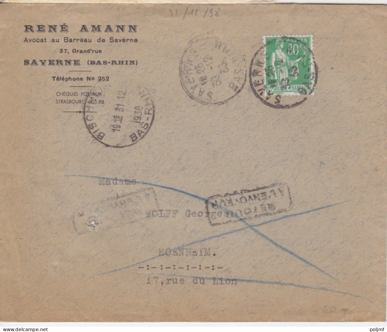 Lettre à Entête "René Amann" Obl. Saverne Le 30/12/38 (Tarif Du 17/11/38) Sur N° 367 90c Paix - 1932-39 Paix