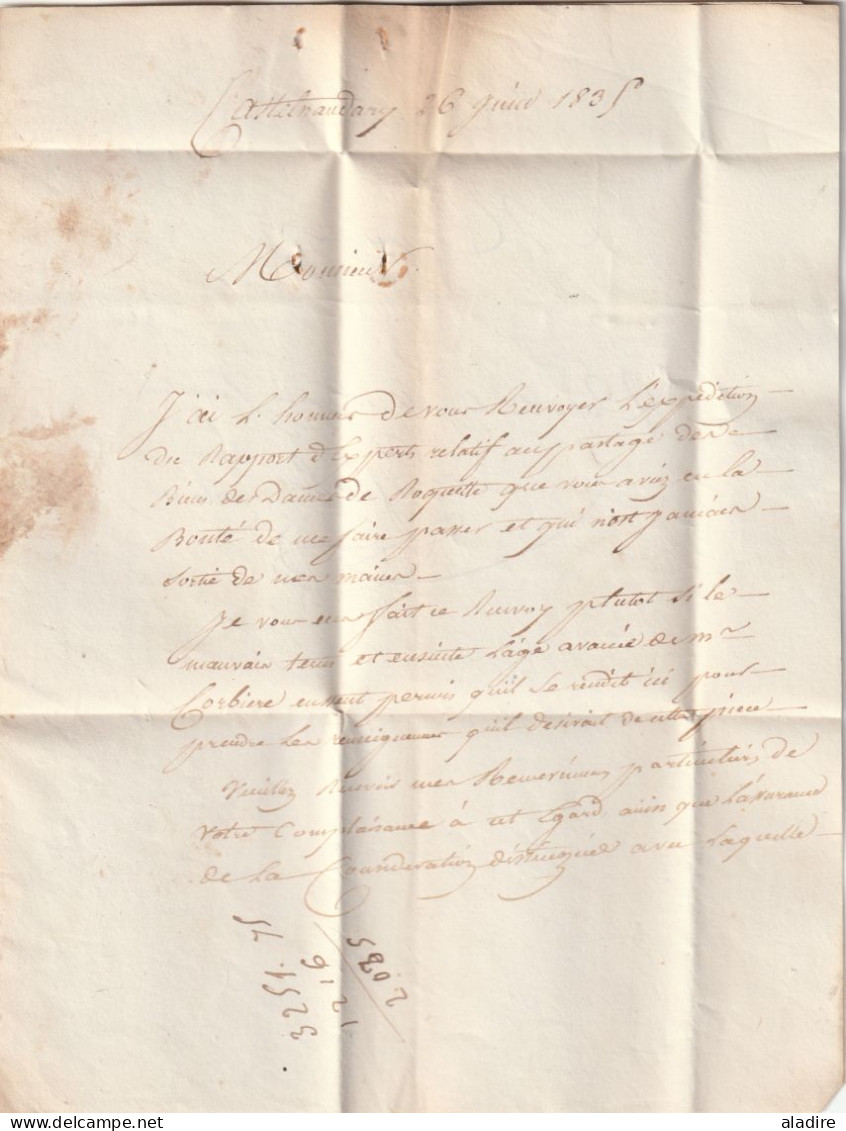 1835  - Lettre pliée avec corresp. de 2 p en PP Port Payé de Castelnaudary, Aude, grand cachet vers Toulouse, gd cachet