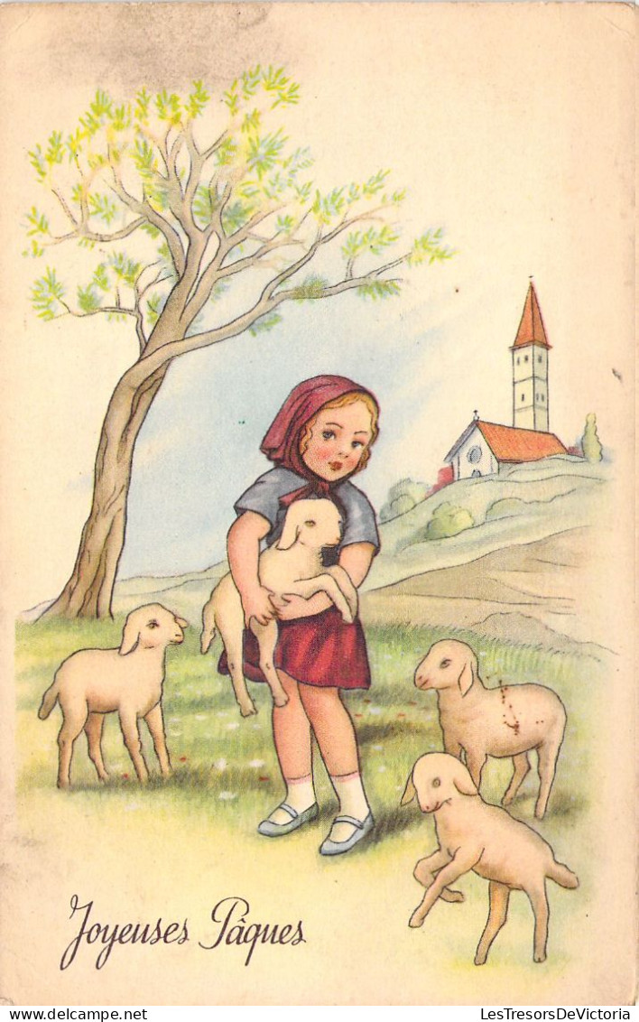 Pâques - Illustration De Petite Bergère Et Ses Agneaux - Cartes Postales Anciennes - Pasen