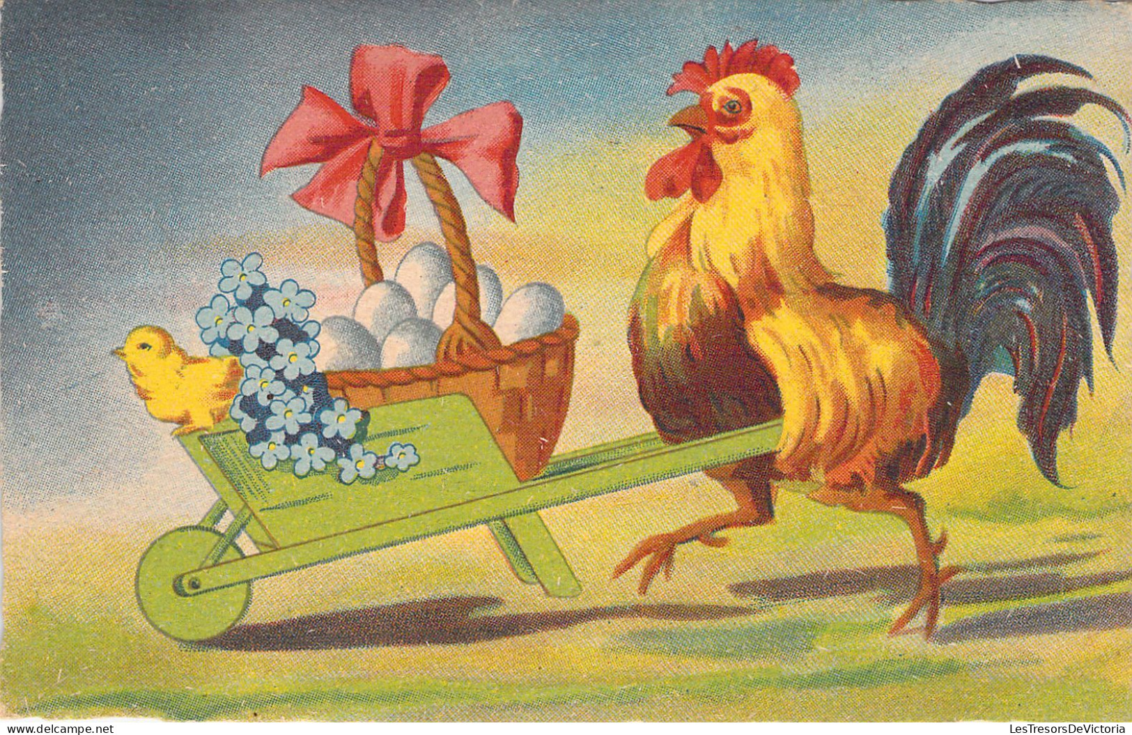 Pâques - Illustration Coq Porte Une Brouette Pleine D'oeuf Et Un Poussin - Cartes Postales Anciennes - Ostern