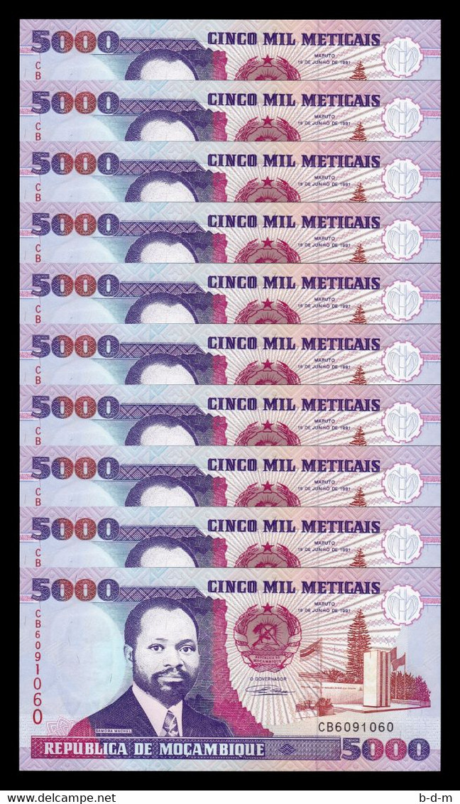 Mozambique Lot Bundle 10 Banknotes 5000 Meticais 1991 Pick 136 Sc Unc - Mozambique