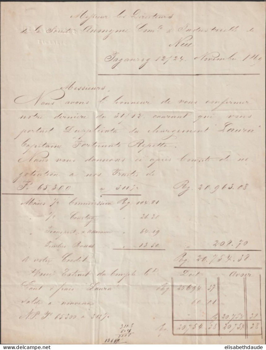 RUSSIE - 1869 - SUPERBE LETTRE (10k VERGE HORIZONTAL) ! Avec AFFRANCHISSEMENT INSUFFISANT ET TAXE De TAGANROG => NICE - Cartas & Documentos