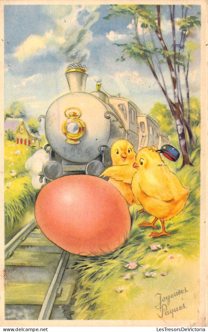 Pâques - Illustration Poussin Chef De Gare - Train Oeuf Sur Les Rails - Cartes Postales Anciennes - Easter