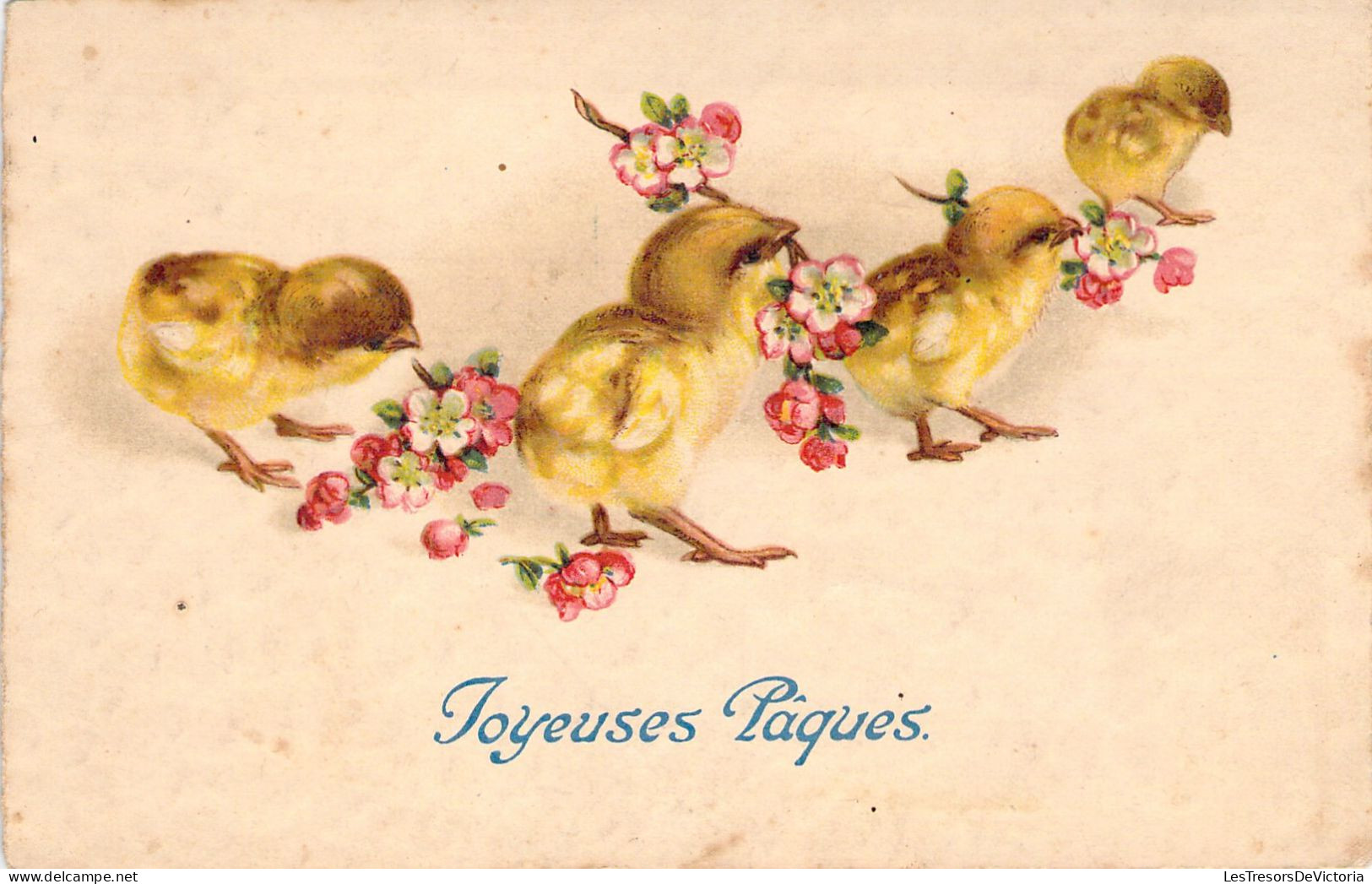 Pâques - Illustration Poussins Portent Des Brindilles De Fleurs - Cartes Postales Anciennes - Easter