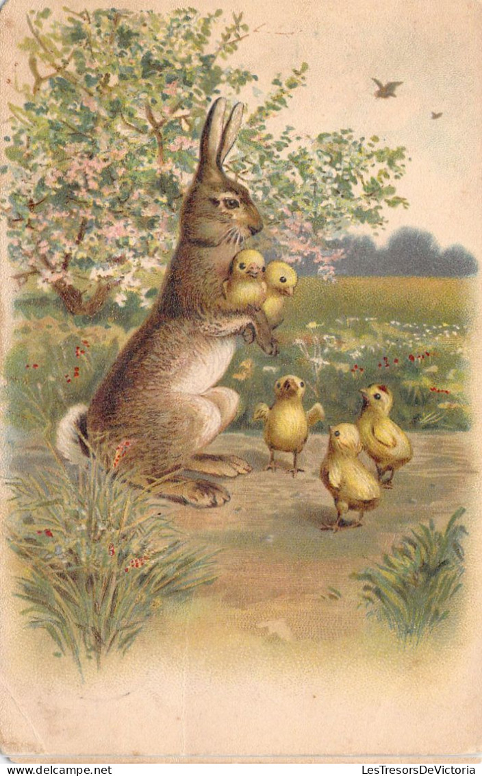 Pâques - Illustration Poussins Dans Les Pattes D'un Lapin - Cartes Postales Anciennes - Ostern