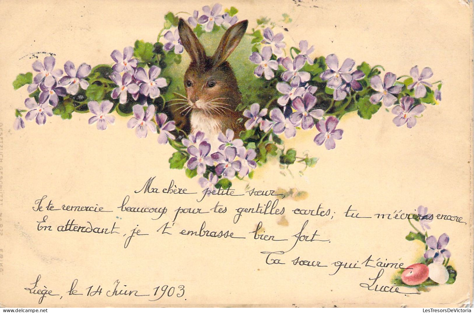 Pâques - Illustration  Lapin Et Fleurs Violettes - Cartes Postales Anciennes - Pasen