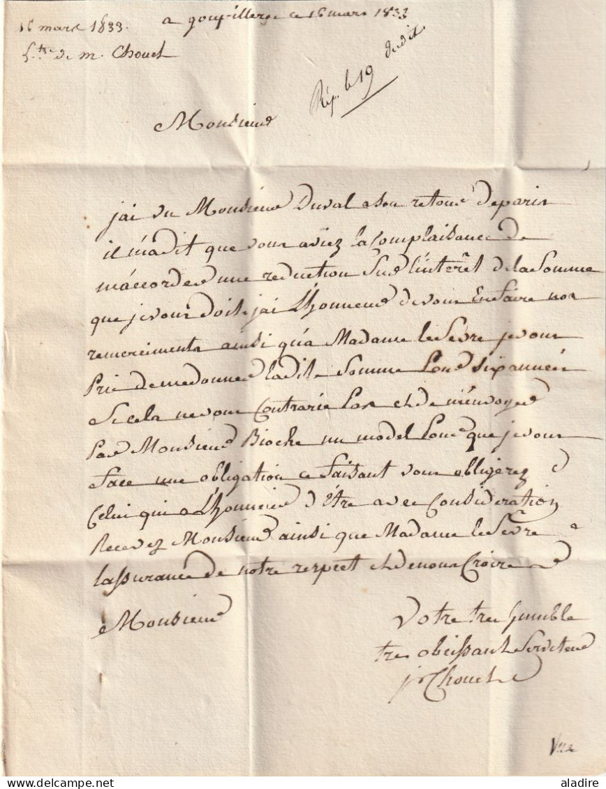 1833 - lettre pliée avec corresp. de BEAUMONT LE ROGER, Eure, grand cachet, vers Paris, dateur