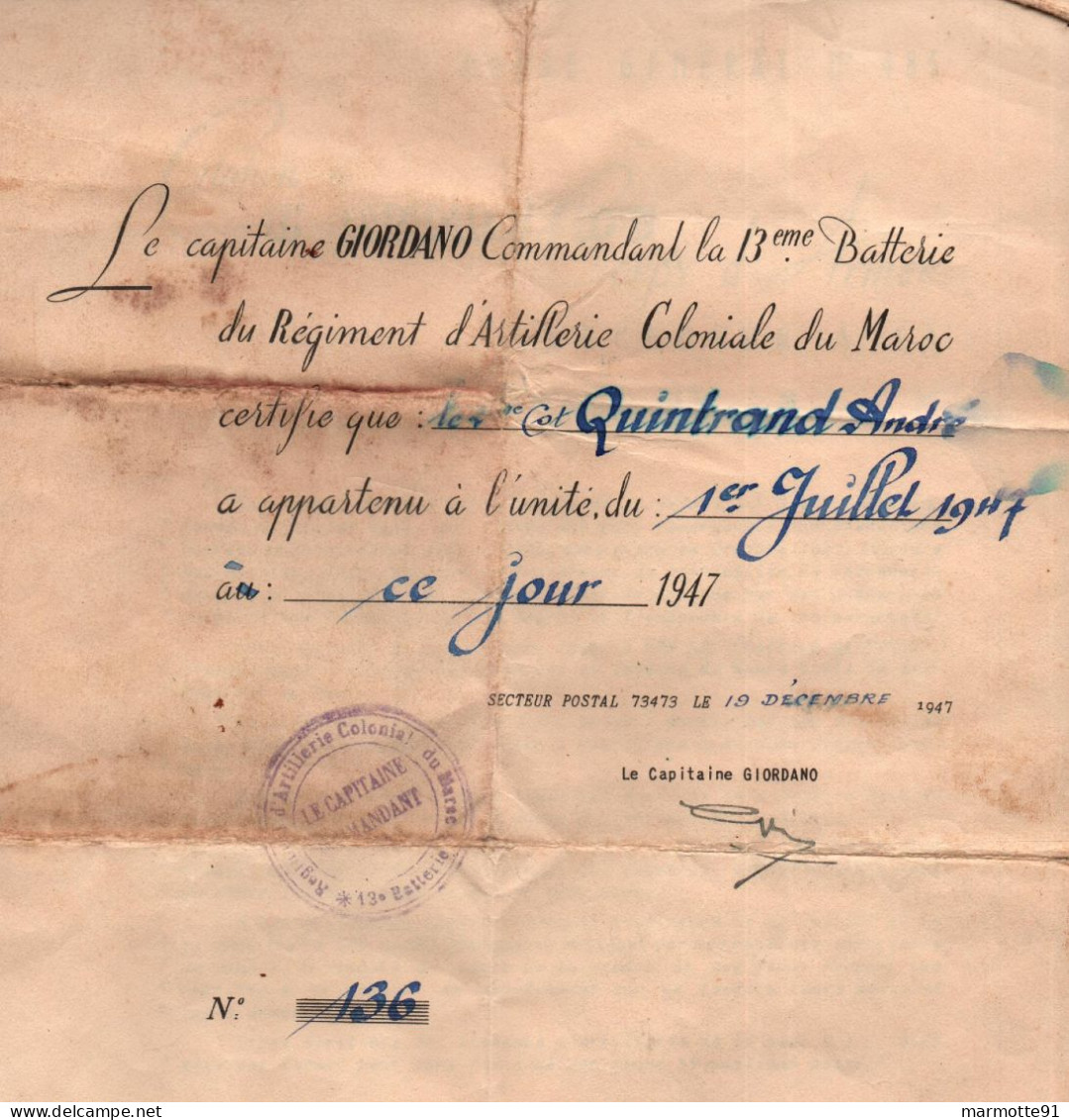 GUERRE INDOCHINE RACM ARTILLERIE COLONIALE MAROC 1949 SOLDAT MORT POUR LA FRANCE - Documents