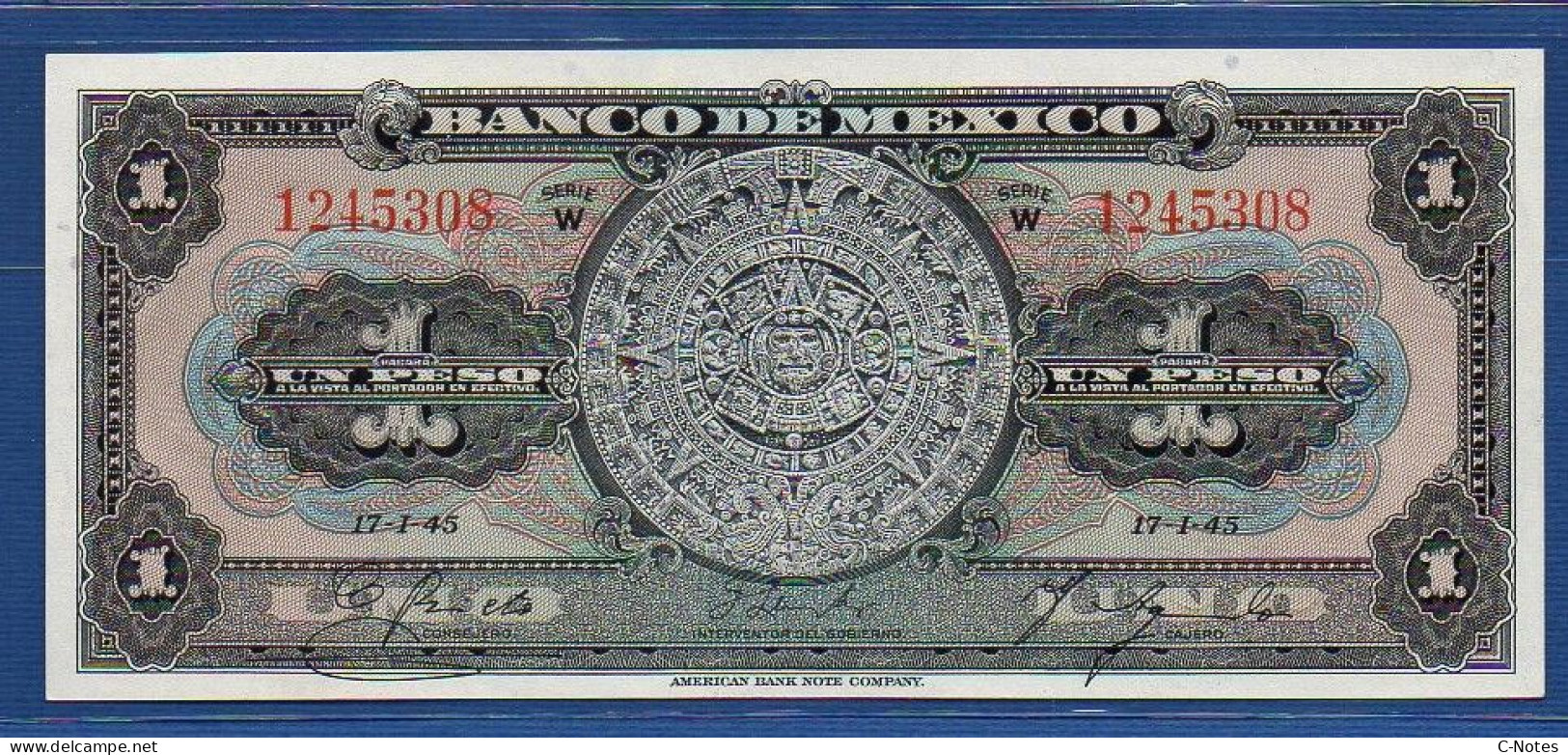 MEXICO - P. 38c – 1 Peso 1945 AUNC, S/n W 1245308 - Mexico