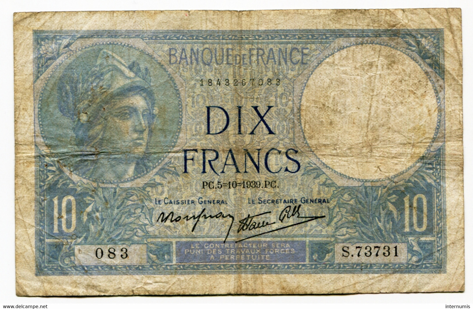 France, 10 Francs, MINERVE, 5=10=1939, N° : S.73731-083, B (VG), F.07.10 - 10 F 1916-1942 ''Minerve''