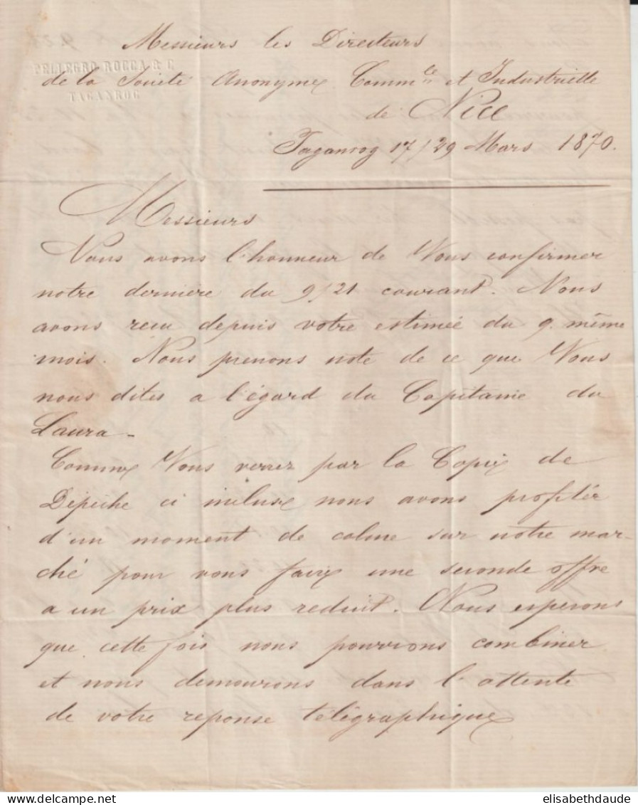 RUSSIE - 1870 - SUPERBE LETTRE De TAGANROG => NICE - Cartas & Documentos