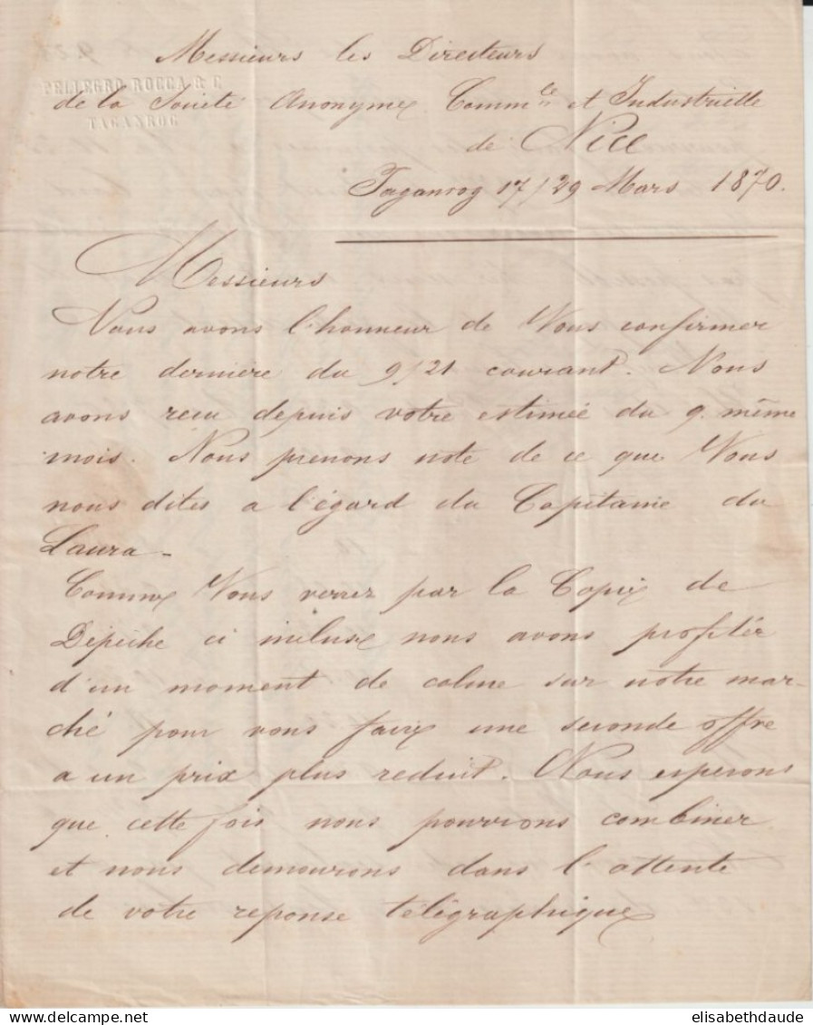 RUSSIE - 1870 - SUPERBE LETTRE De TAGANROG => NICE - Brieven En Documenten