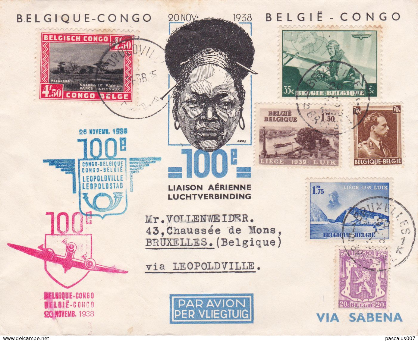 B01-422 Belgique Congo 100e Liaison Aérienne Sabena 20-11-1938 Avion Via Léopoldville Sabena - ....-1951