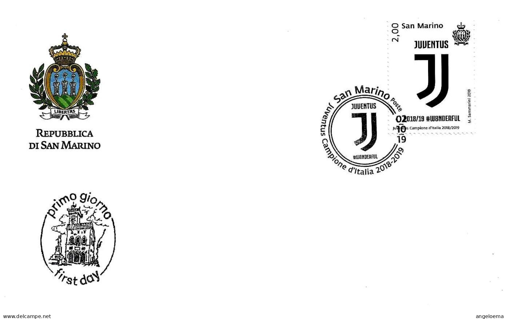 SAN MARINO - 2019 JUVENTUS Campione D'Italia Calcio 2018-19 Su Fdc UFN - 3514 - Clubs Mythiques