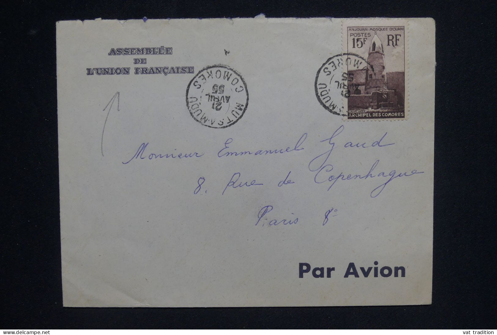 COMORES - Enveloppe De L'Assemblée De L'Union Française, De Mutsamudu Pour Paris En 1955 - L 142740 - Brieven En Documenten