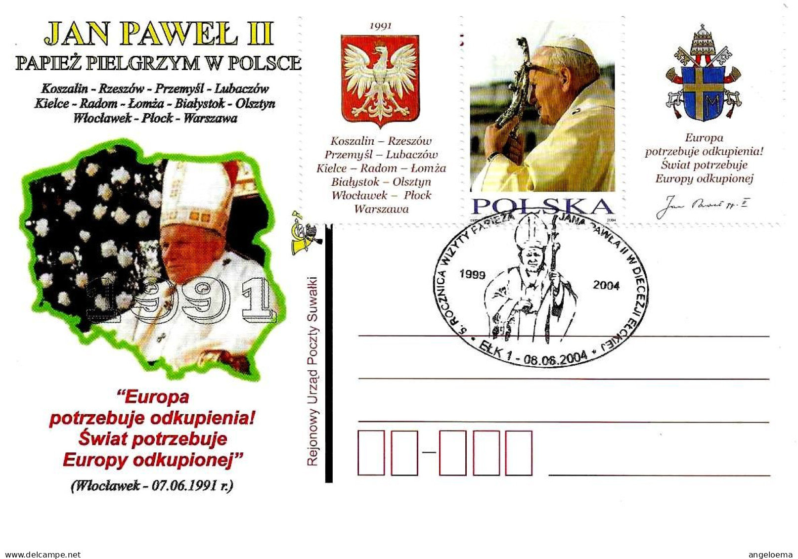 POLONIA POLSKA POLAND - 2004 ELK 5° Visita Di Pope Papa GIOVANNI PAOLO II Su Cartolina Poste Polacche - 2720 - Lettres & Documents