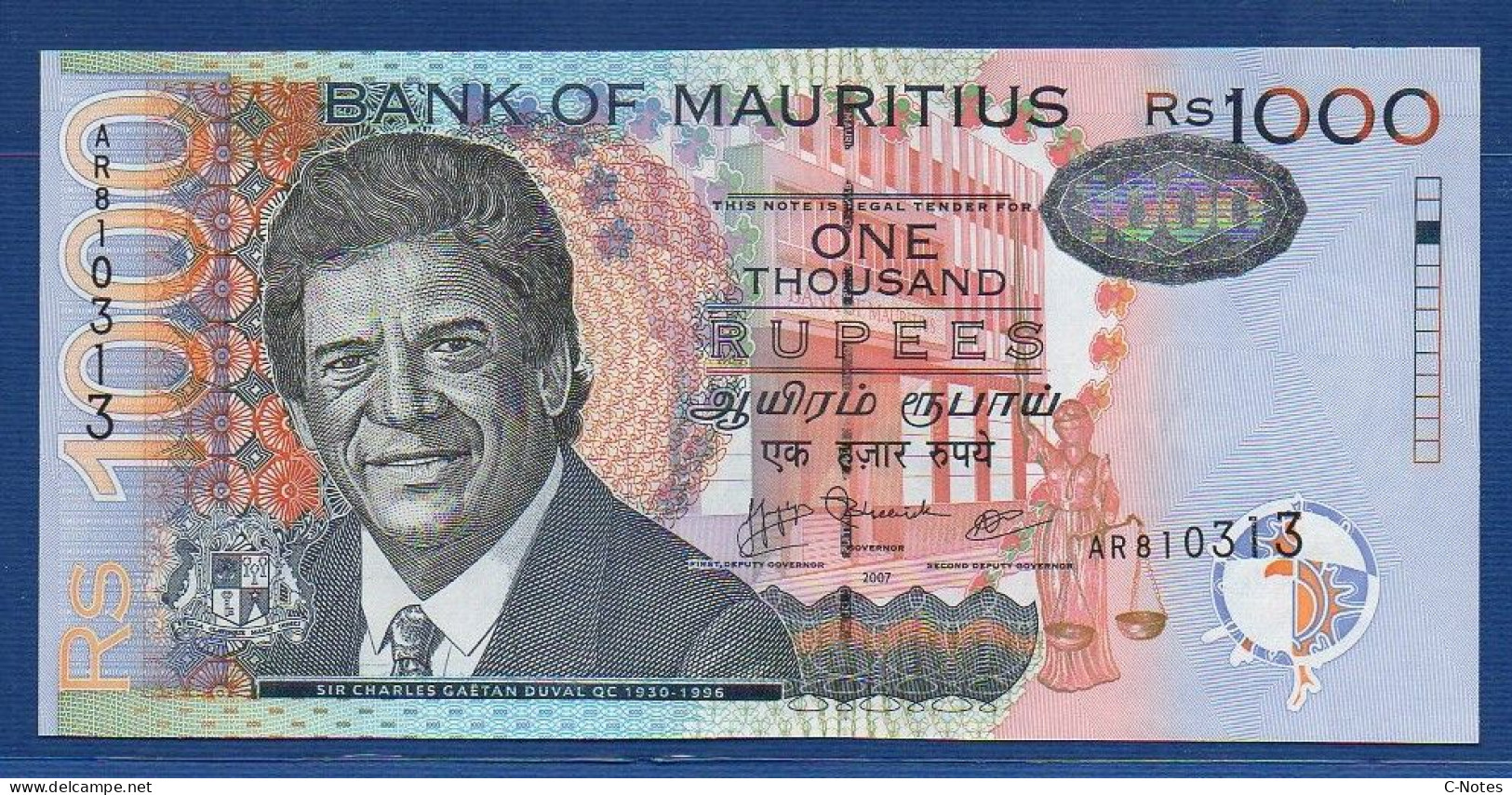 MAURITIUS - P.59c – 1000 Rupees 2007 UNC, Serie AR810313 - Mauricio