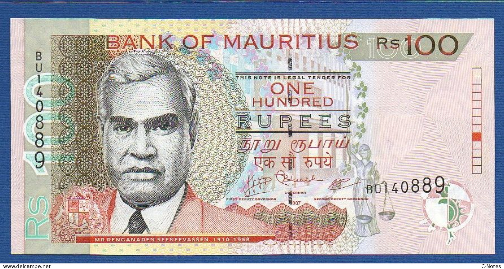 MAURITIUS - P.56b – 100 Rupees 2007 UNC, Serie BU140889 - Mauritius