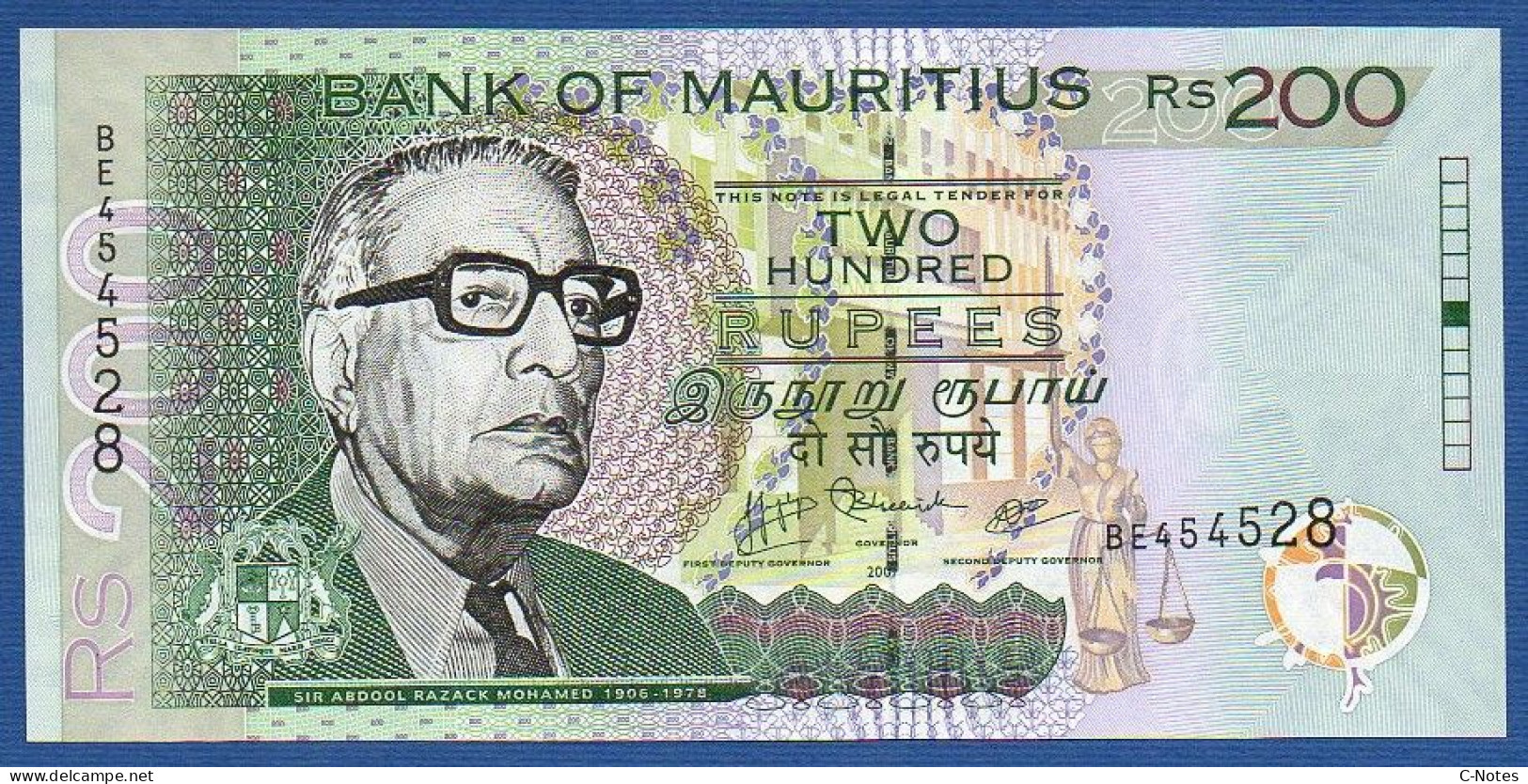 MAURITIUS - P.57b – 200 Rupees 2007 UNC, Serie BE454528 - Mauricio