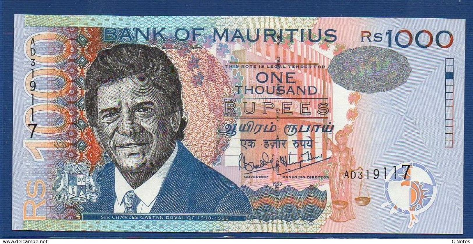 MAURITIUS - P.54a – 1000 Rupees 1999 UNC, Serie AD319117 - Maurice