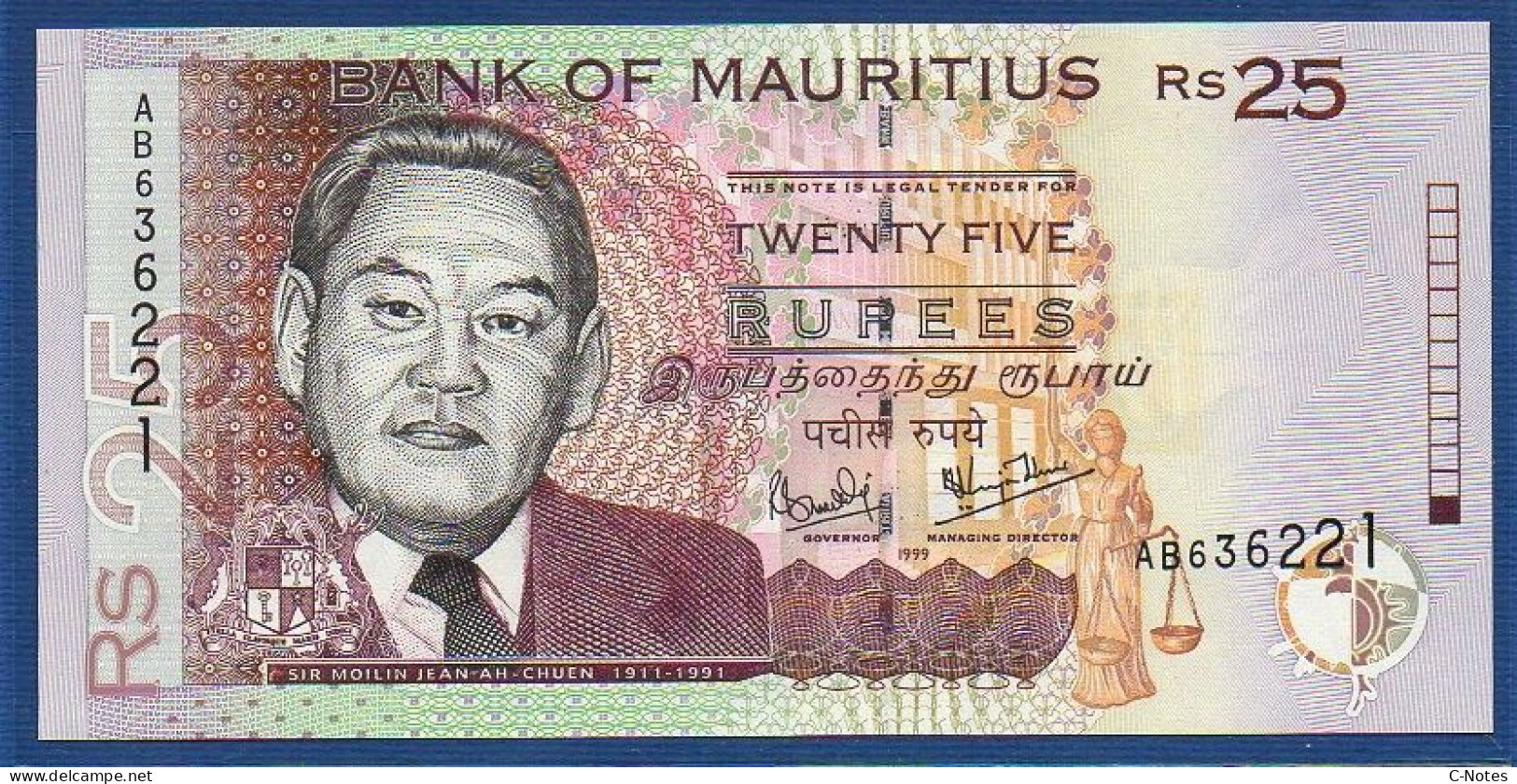 MAURITIUS - P.49a – 25 Rupees 1999 UNC, Serie AB636221 - Mauricio