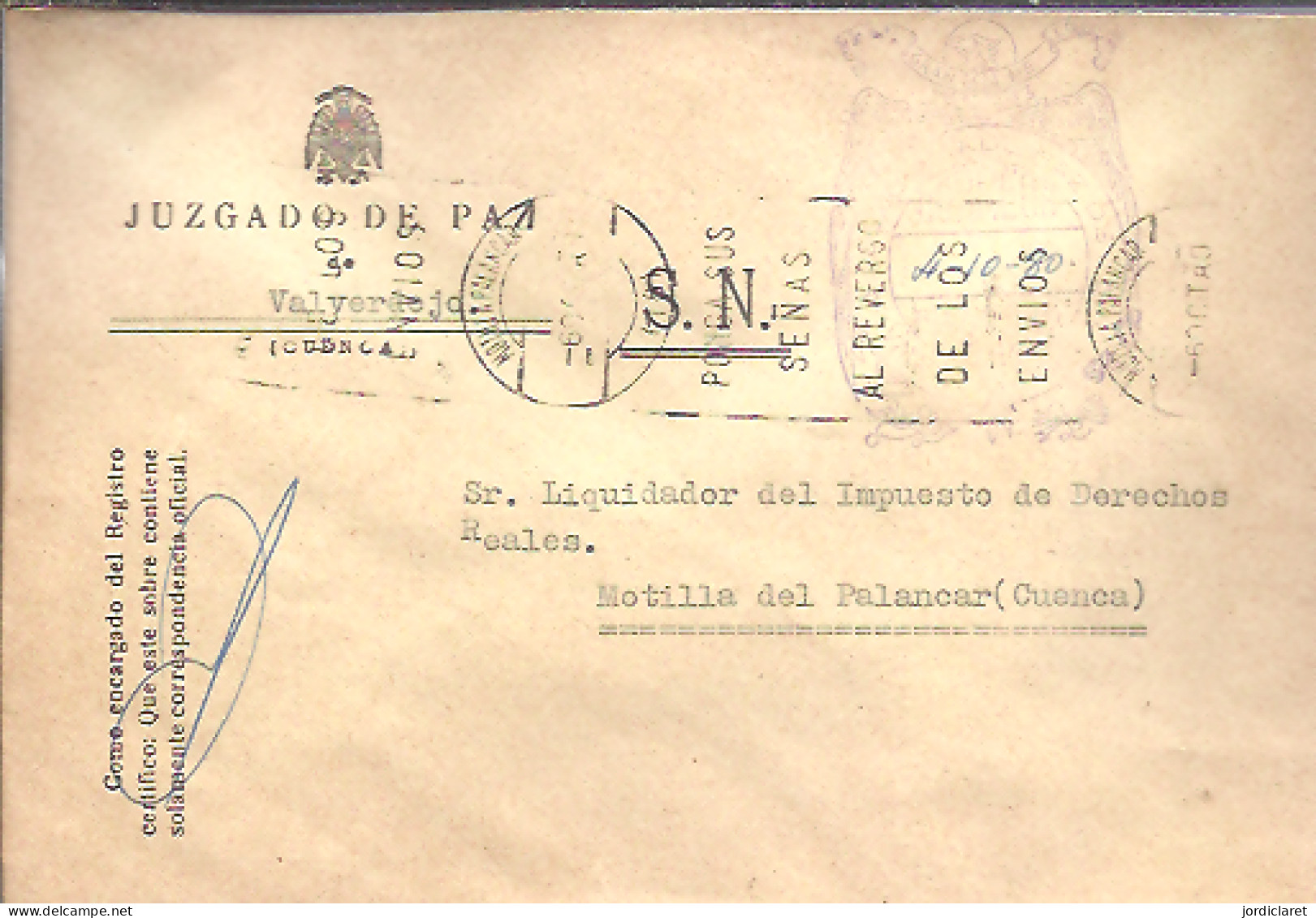 JUZGADO DE PAZ VALDERDEJO CUENCA 1980 - Franchise Postale