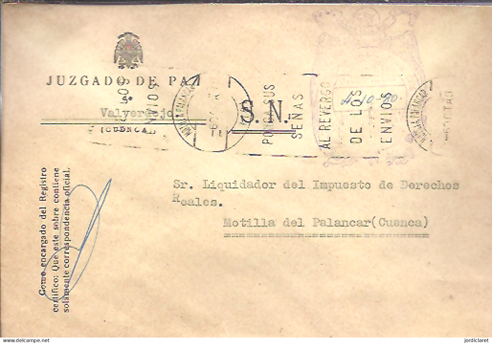 JUZGADO DE PAZ VALDERDEJO CUENCA 1980 - Franquicia Postal