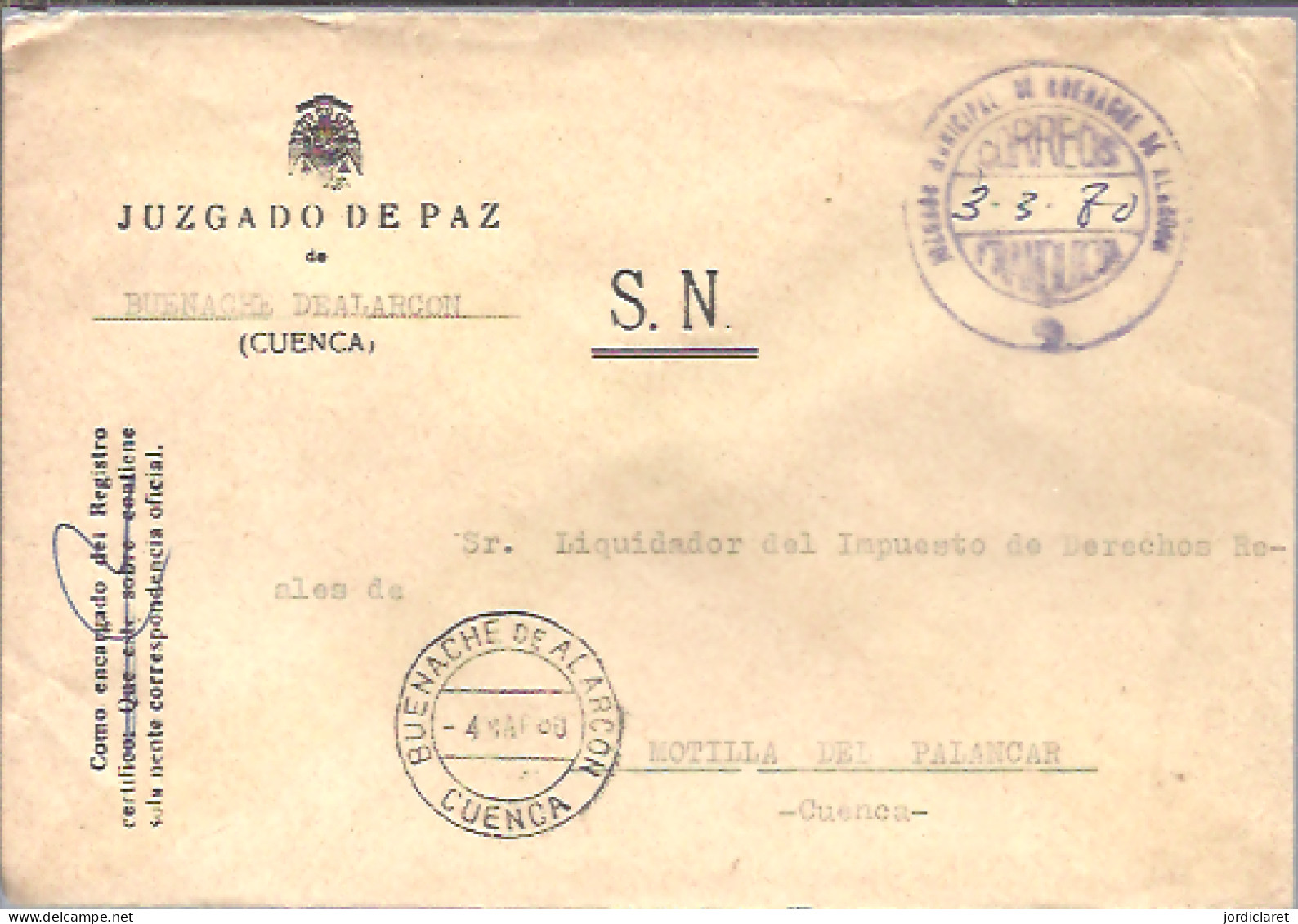 JUZGADO DE PAZ BUENACHE DEALARCON CUENCA 1980 - Franchigia Postale