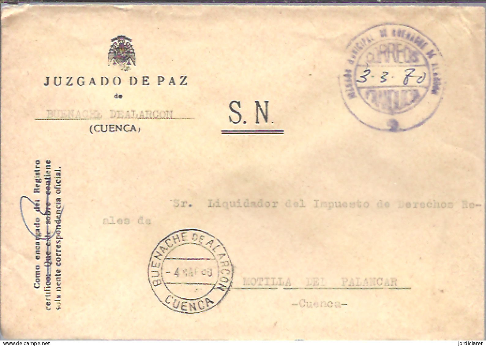 JUZGADO DE PAZ BUENACHE DEALARCON CUENCA 1980 - Franquicia Postal