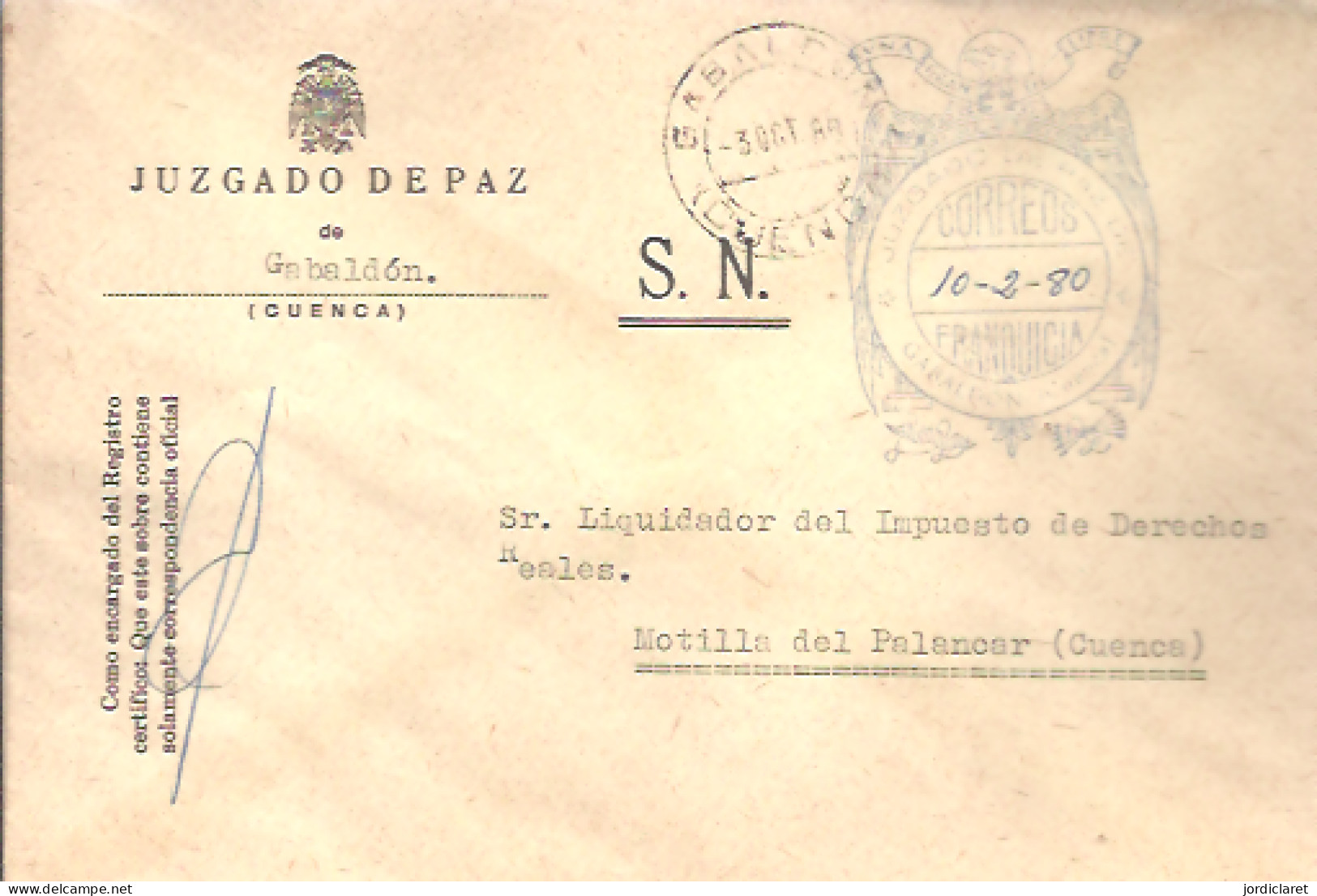 JUZGADO DE PAZ CABALDON CUENCA 1980 - Postage Free
