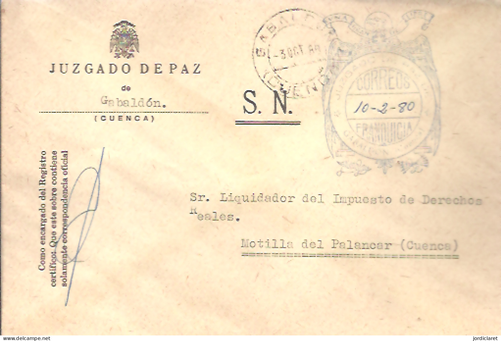 JUZGADO DE PAZ CABALDON CUENCA 1980 - Portofreiheit