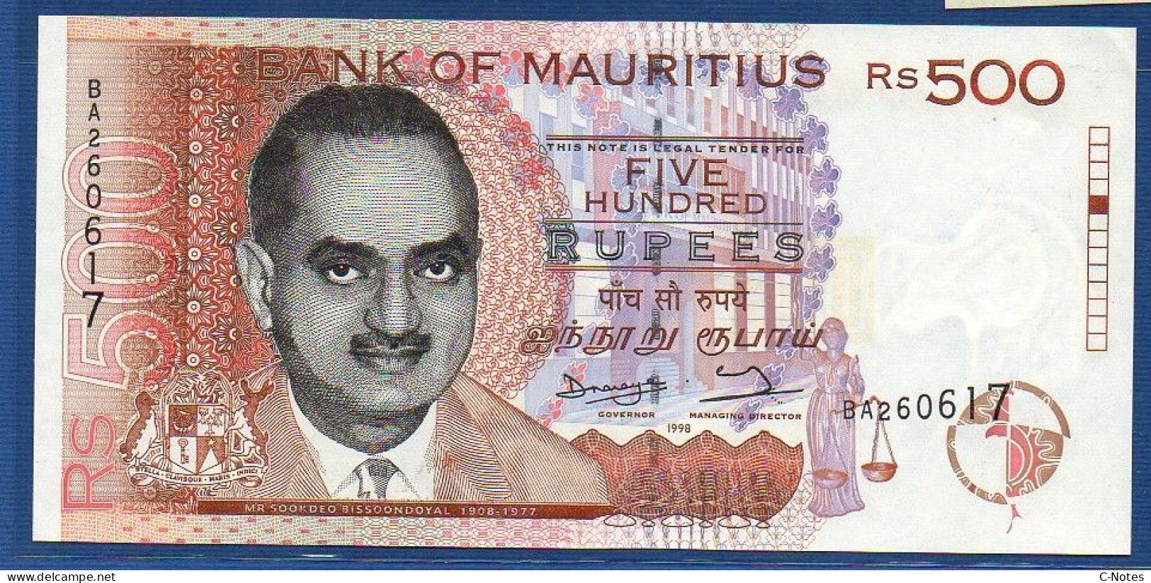 MAURITIUS - P.46 – 500 Rupees 1998 UNC-, Serie BA260617 - Mauricio