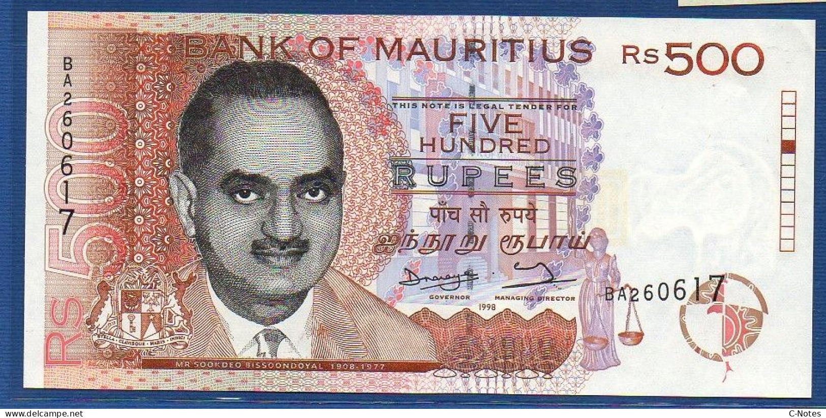 MAURITIUS - P.46 – 500 Rupees 1998 UNC-, Serie BA260617 - Mauritius