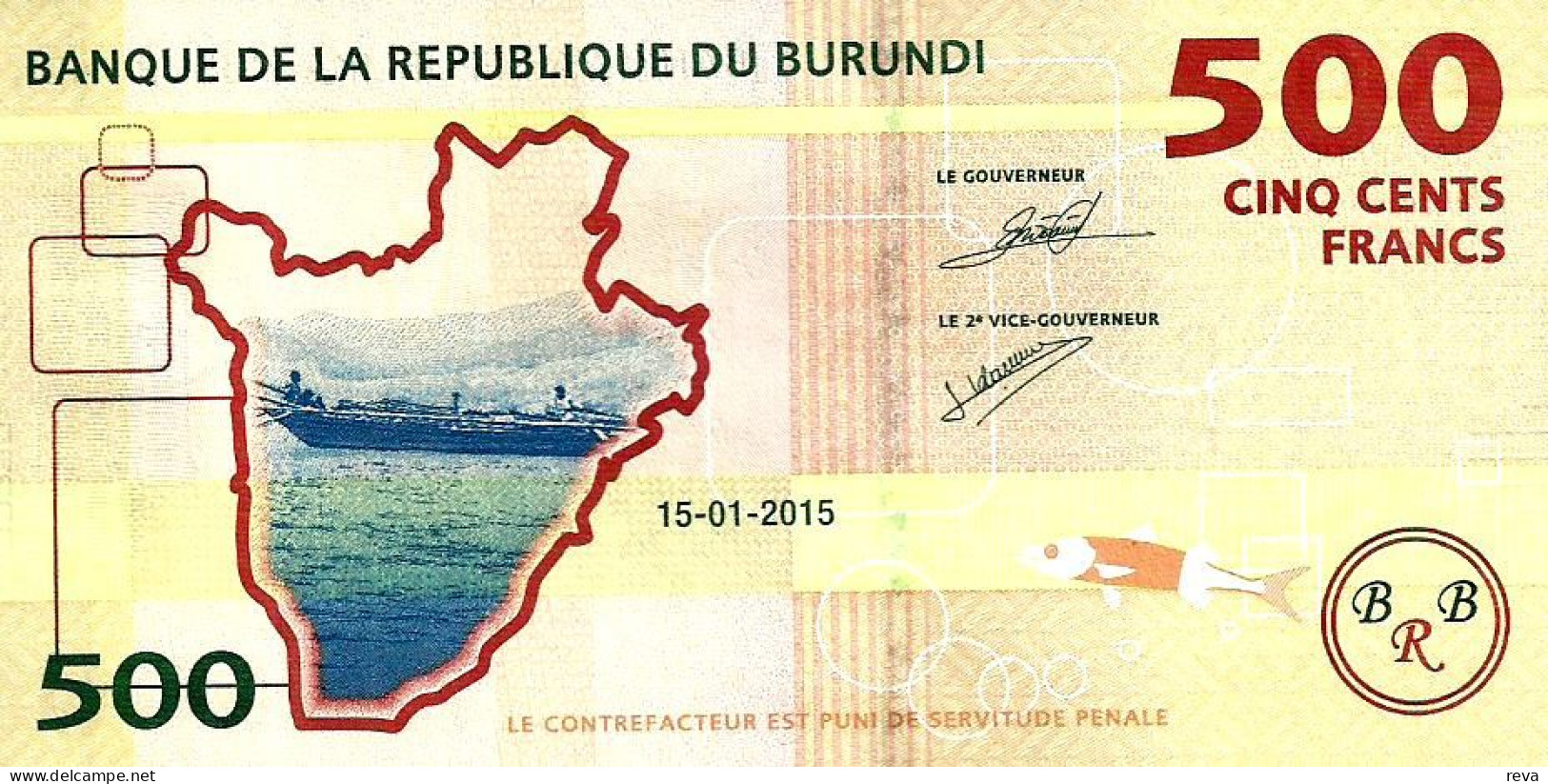 BURUNDI 500 FRANCS YELLOW BOAT FRONT & CROCODILE BACK DATED 15-01-2015 UNC P.50a READ DESCRIPTION !! - Burundi