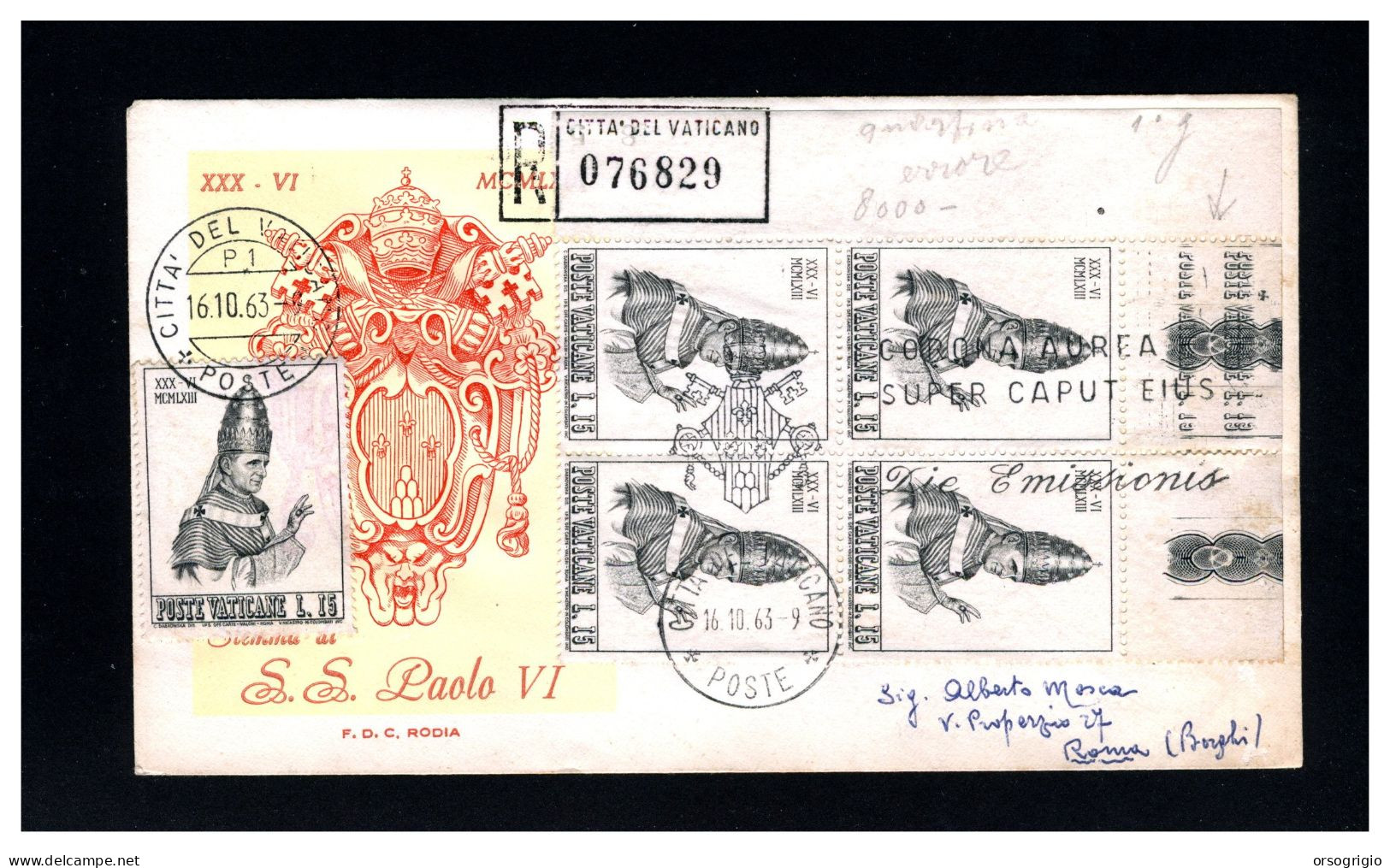 VATICANO - FDC 1963 - INCORONAZIONE PAPA PAOLO VI - Quartina - ERRORE NELLA BANDELLA LATERALE - Variétés & Curiosités