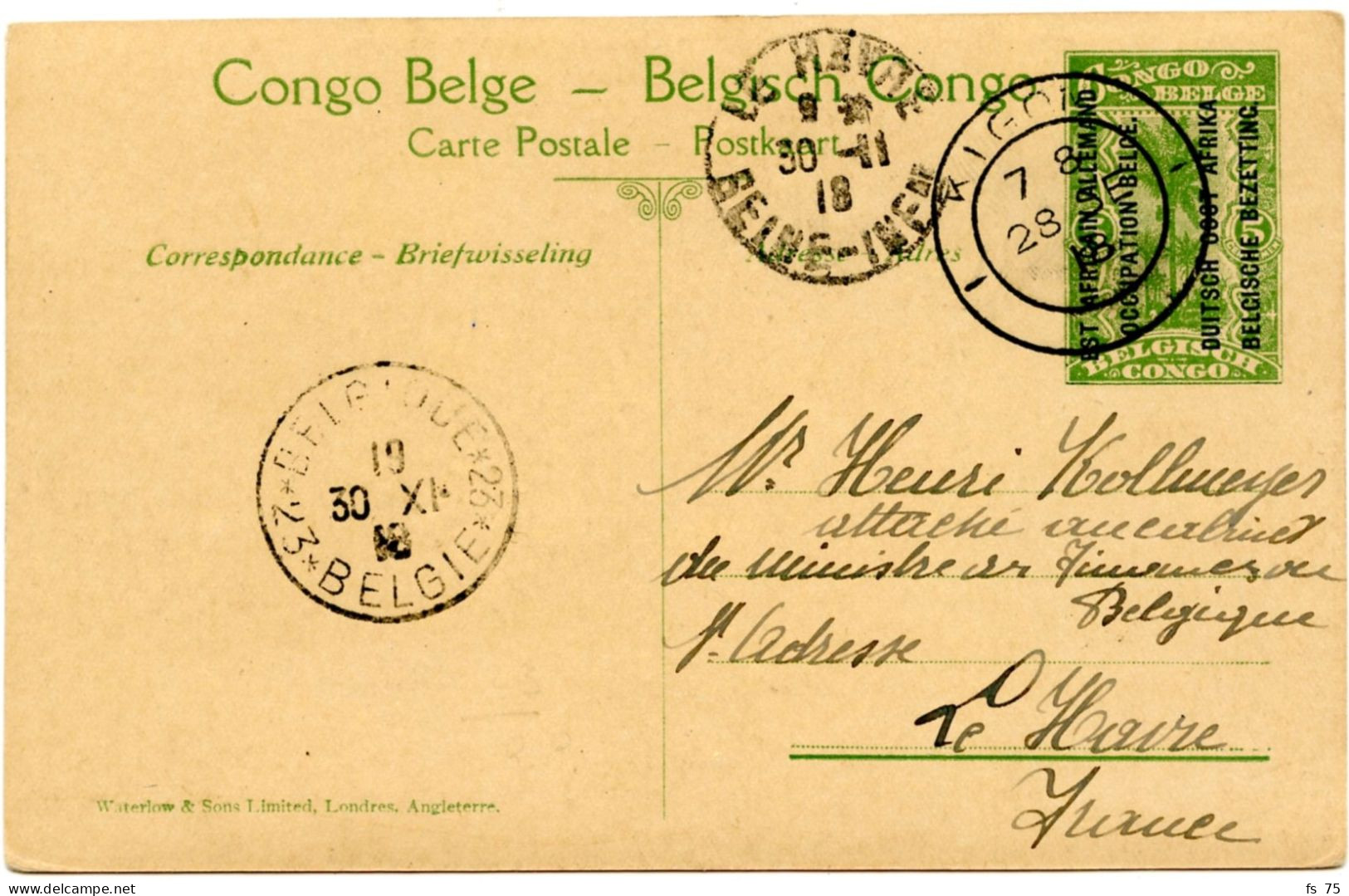 CAD KOGOMA ADRESSE A UN MEMBRE DU GOUVERNEMENT BELGE A STE ADRESSE - CAD *23* BELGIQUE *23* + CAD LE HAVRE 30/11/18 - Esercito Belga