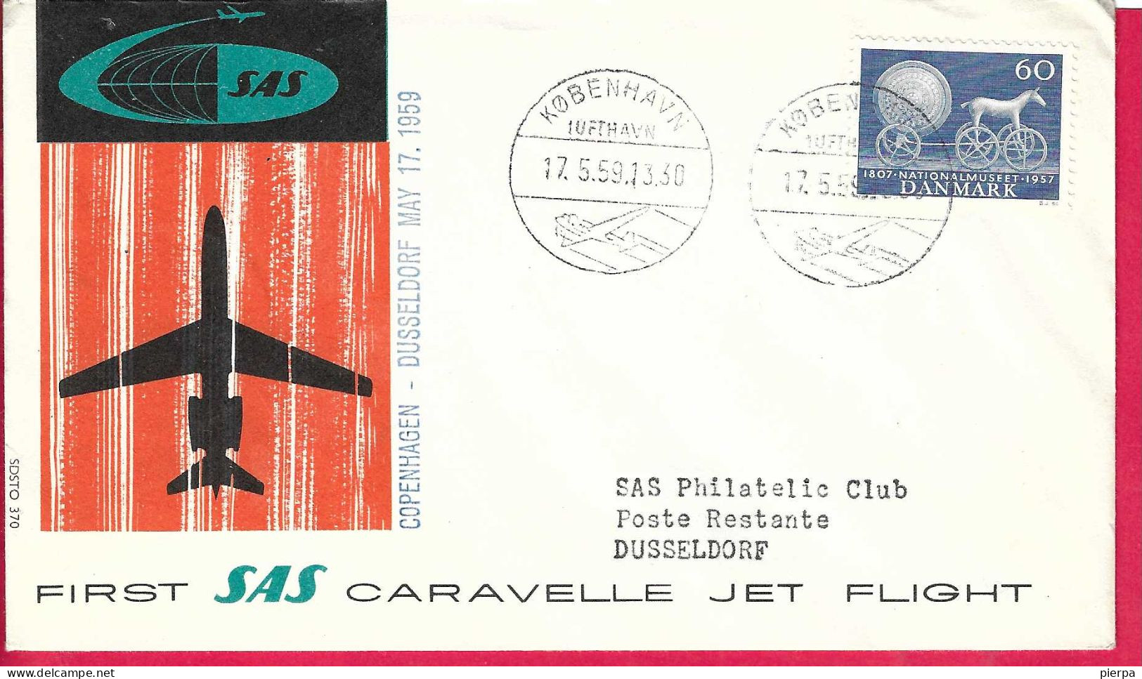 DANMARK - FIRST CARAVELLE FLIGHT - SAS - FROM KOBENHAVN TO DUSSELDORF *17.5.59* ON OFFICIAL COVER - Poste Aérienne