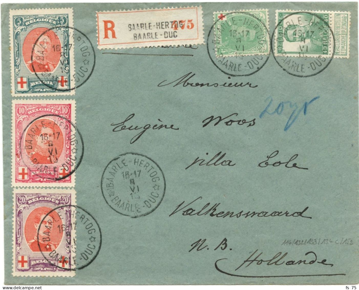 COB 144+132+133+134C (DENTELE 11X12) CAD BILINGUE BAARLE-HERTOG SUR LETTRE RECOMMANDEE POUR LA HOLLANDE, 1915 - Army: Belgium