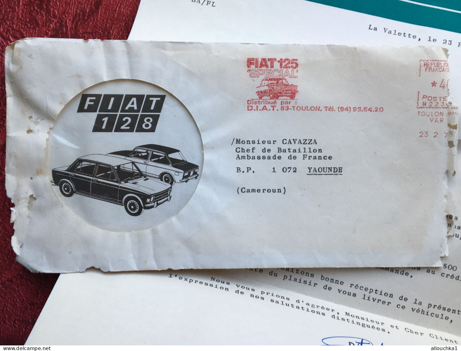 Bordereau Commande FIAT 125 spéciale voiture automobile +Lettre EMA Fiat 125 DIAT Toulon La Valette/Yaoundé Cameroun