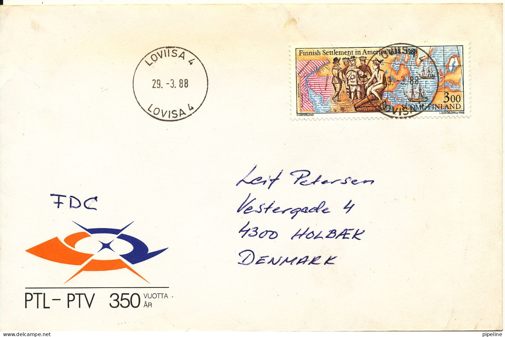 Finland Cover Sent To Denmark 29-3-1988 Single Franked Finnish Settlement In America 1638 - 1988 - Lettres & Documents