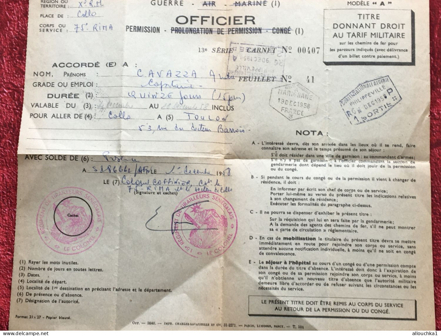 75é RIMA Guerre Officier(Cap.)Titre Donnant Droit Tarif Militaire 15é Régiment Tirailleurs Sénégalais-Militaria Document - Documents