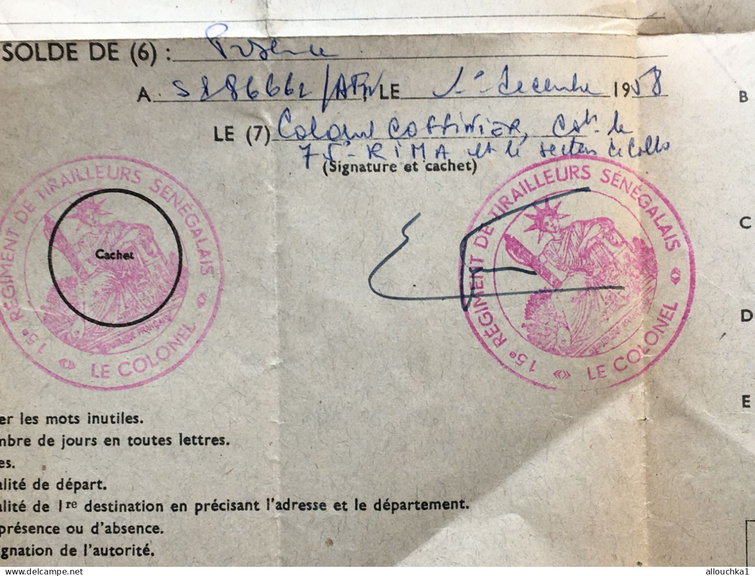 75é RIMA Guerre Officier(Cap.)Titre Donnant Droit Tarif Militaire 15é Régiment Tirailleurs Sénégalais-Militaria Document - Documents