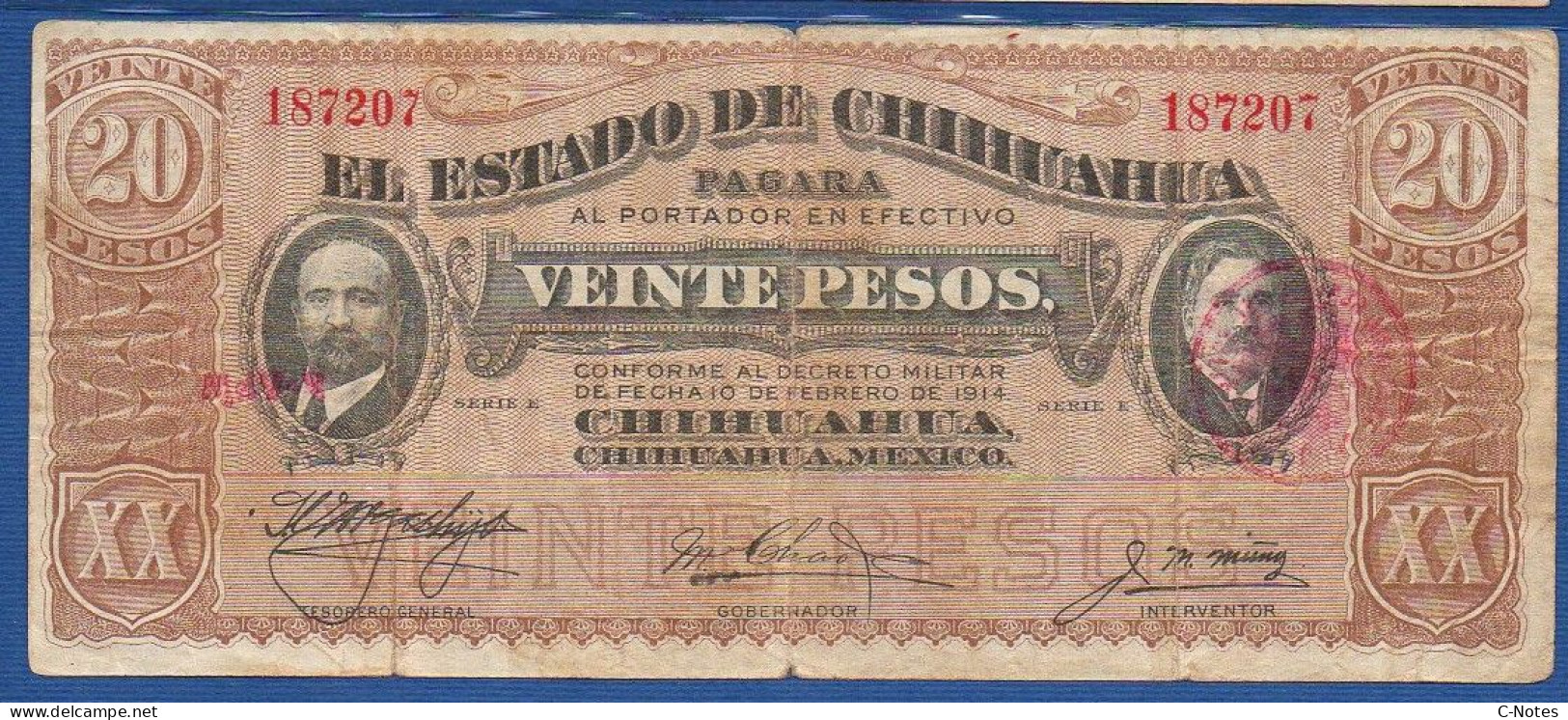 MEXICO - Chihuahua - P.S.  536c – 20 Pesos 1914 VG/F, S/n E 187207 - Mexico