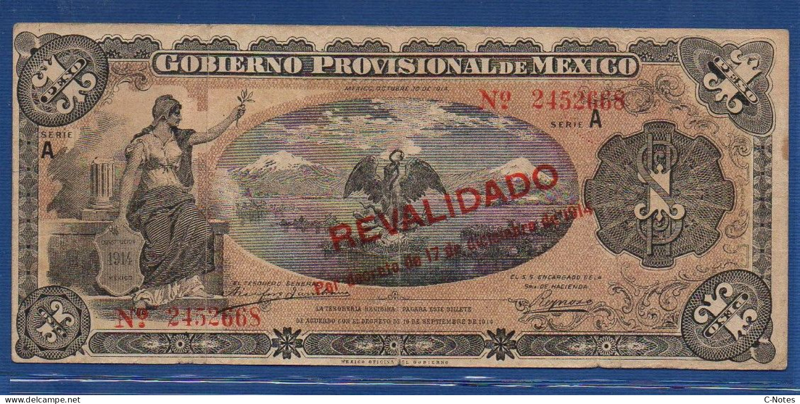 MEXICO - Gobierno Provisional - P.S.  701 – 1 Peso 1914 AF, S/n A 2452668 - Mexico