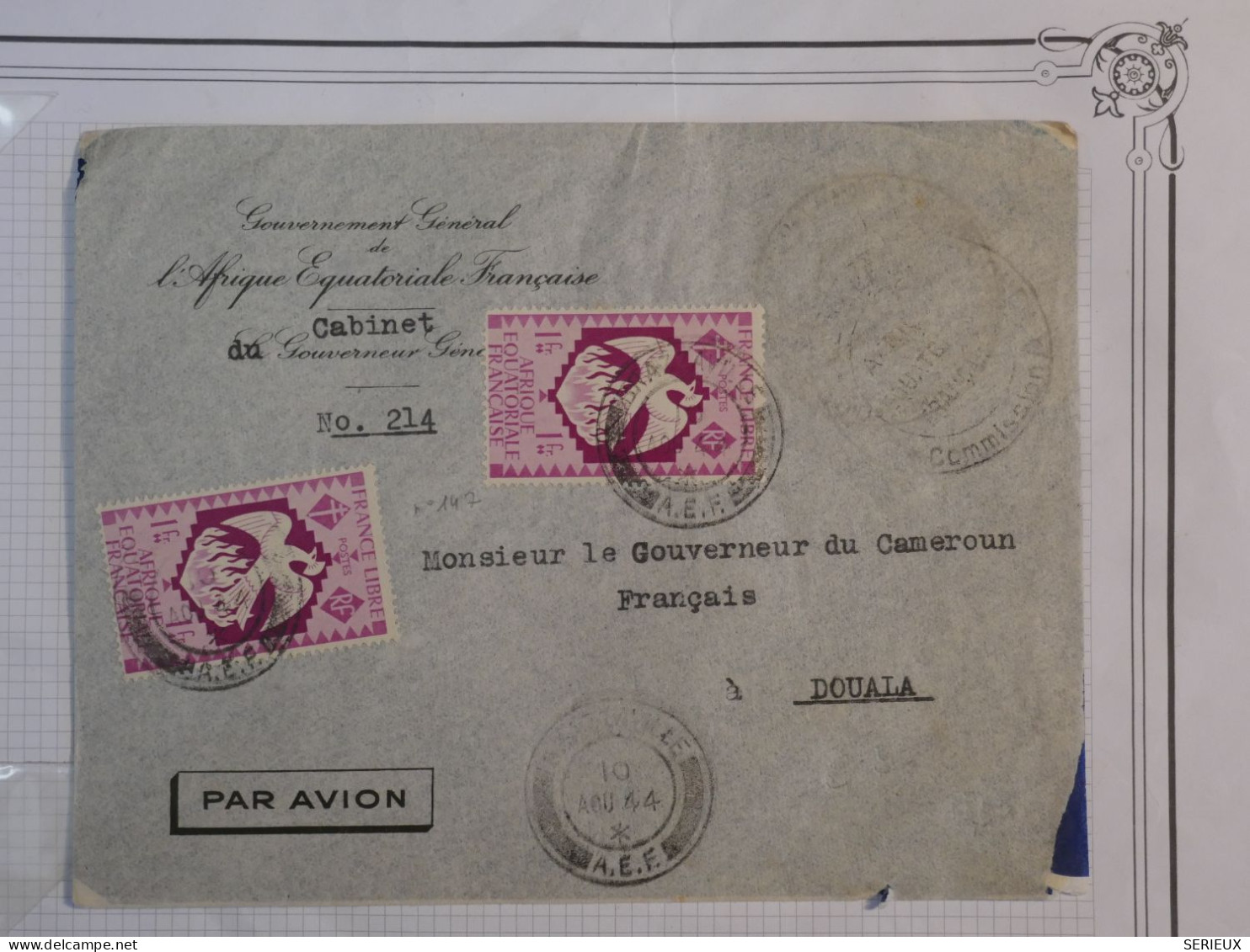 AX20 CAMEROUN A.E.F  GREAT LETTER 1944  GOUVERNEUR GENERAL   A DOUALA  +++FRANCE LIBRE+++  AFF.I  NTERESSANT+ + - Lettres & Documents